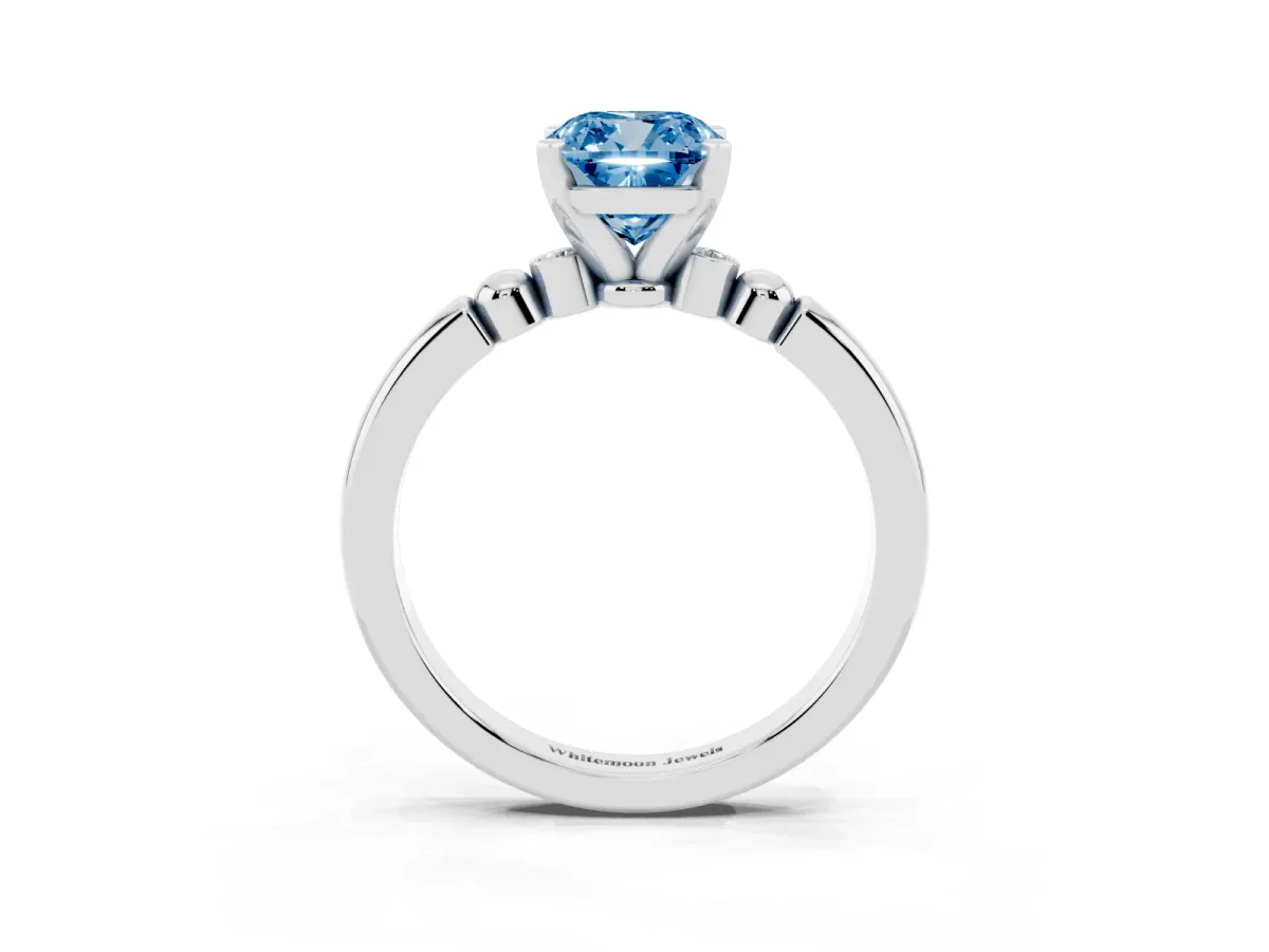 Fancy Blue Cushion Cut Solitaire Beaded Band with Four-Prong Setting White gold