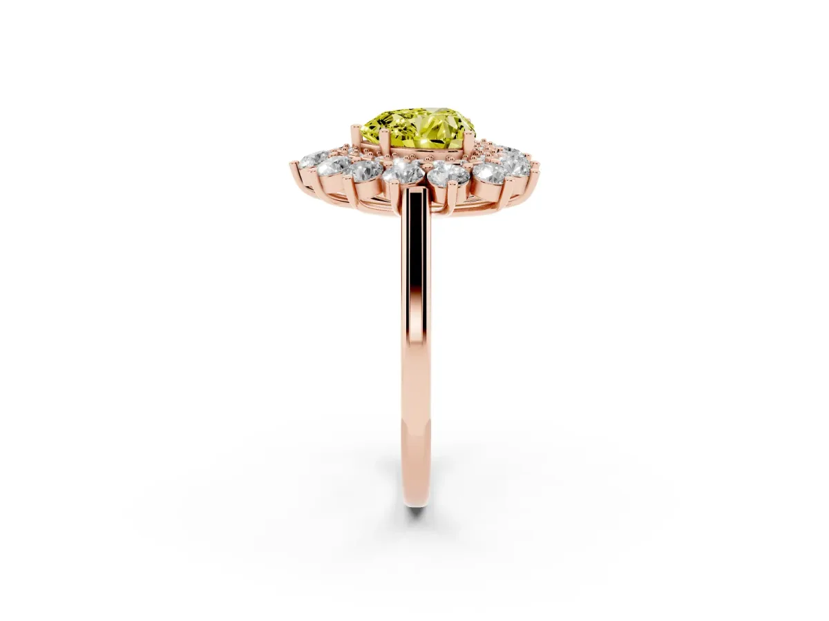 Fancy Yellow Heart Cut Diamond Floral Double Halo Engagement Ring with Prong Setting Rose gold