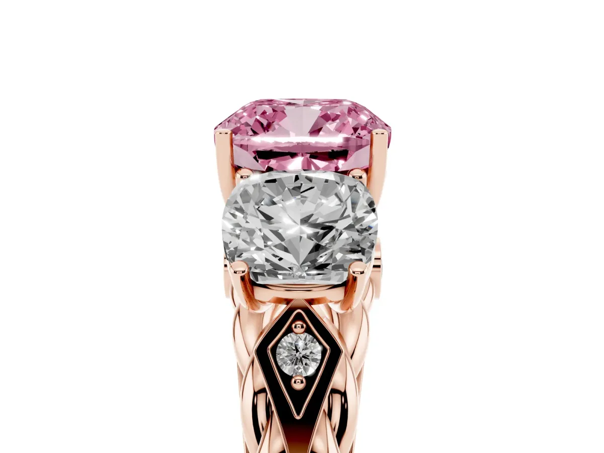 Fancy Pink Three-Stone Cushion Cut Diamond Braided Band Ring with Four-Prong Setting Rose gold