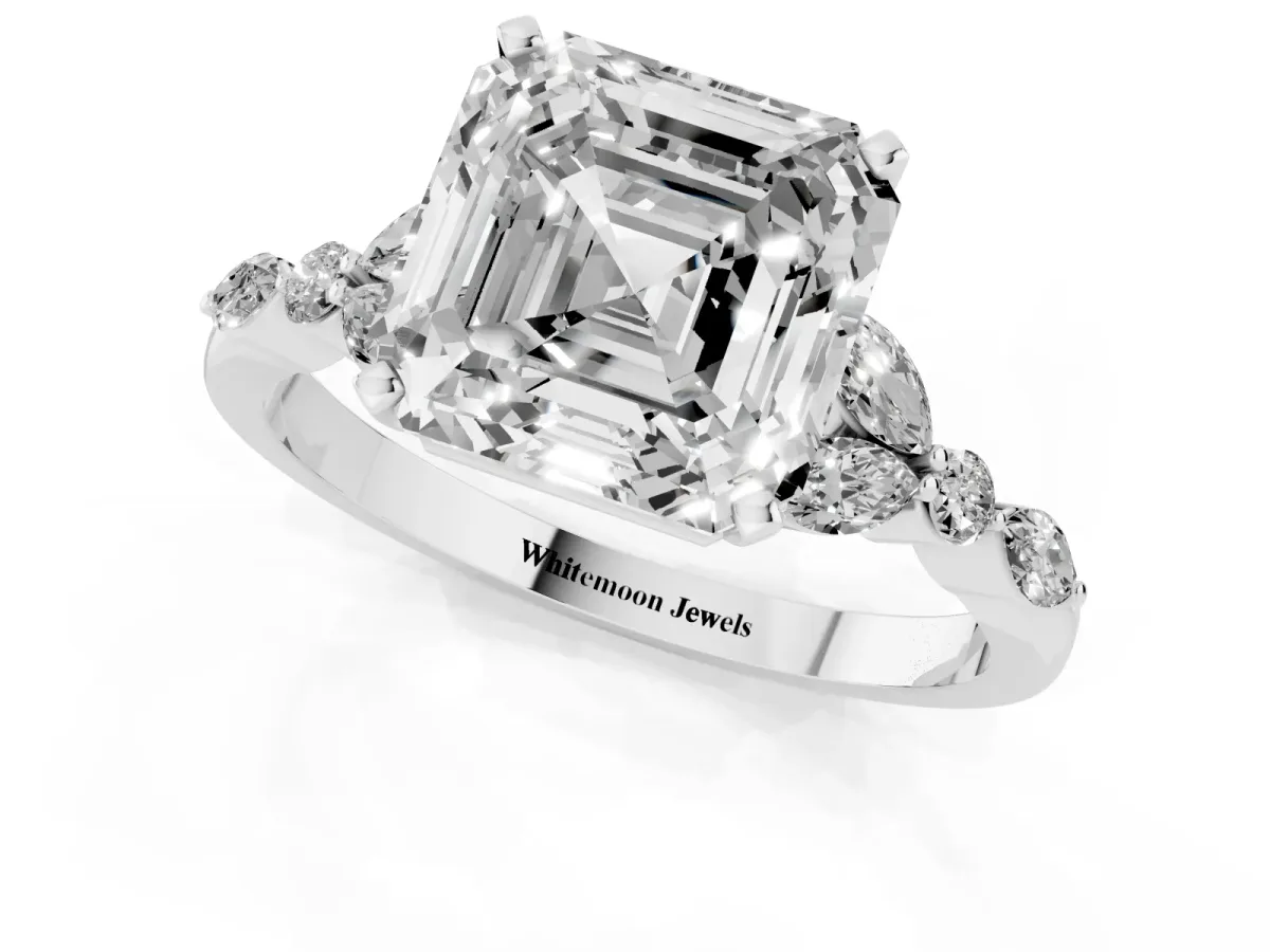 Asscher Cut Diamond Solitaire Ring with Side Stones and Four-Prong Setting White gold