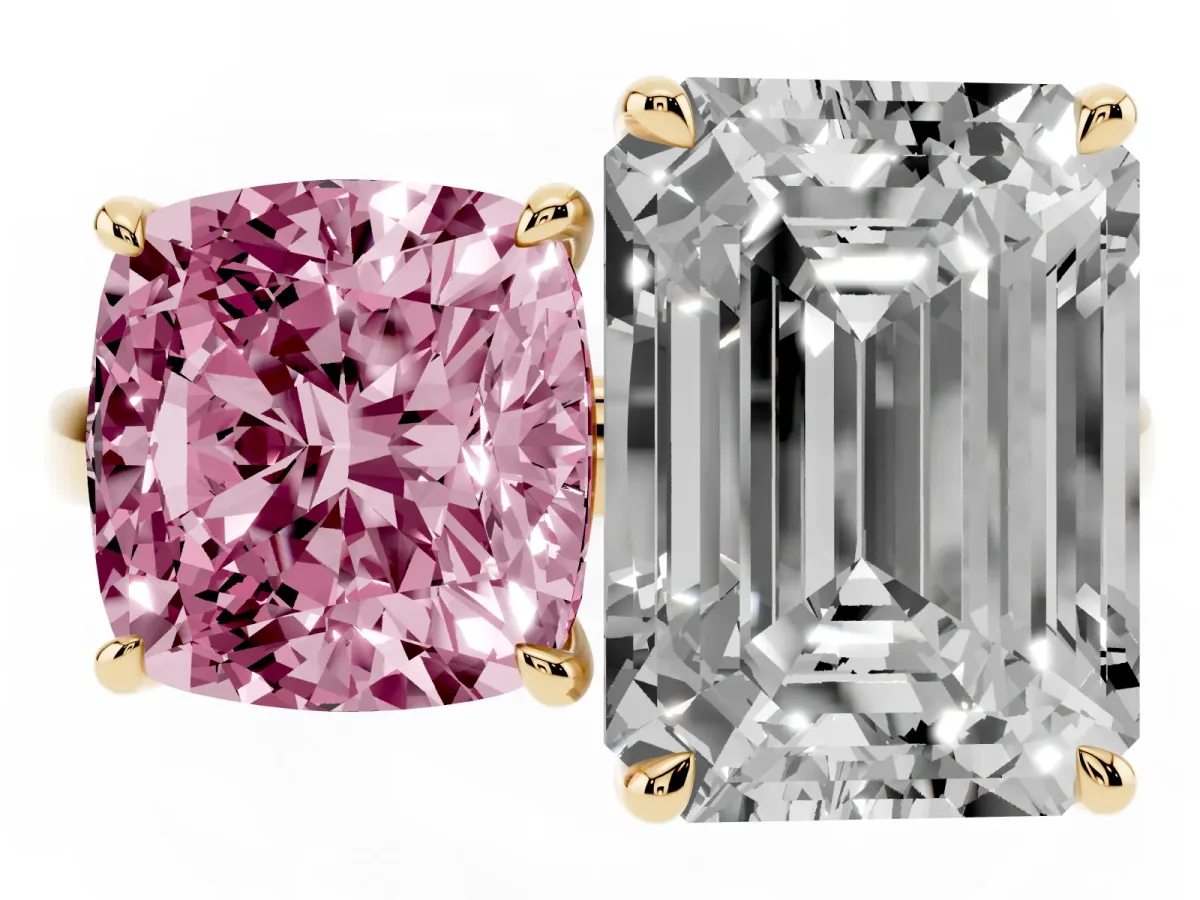 Fancy Pink Cushion Cut and Emerald Cut Toi Moi Ring with Prong Setting Yellow gold