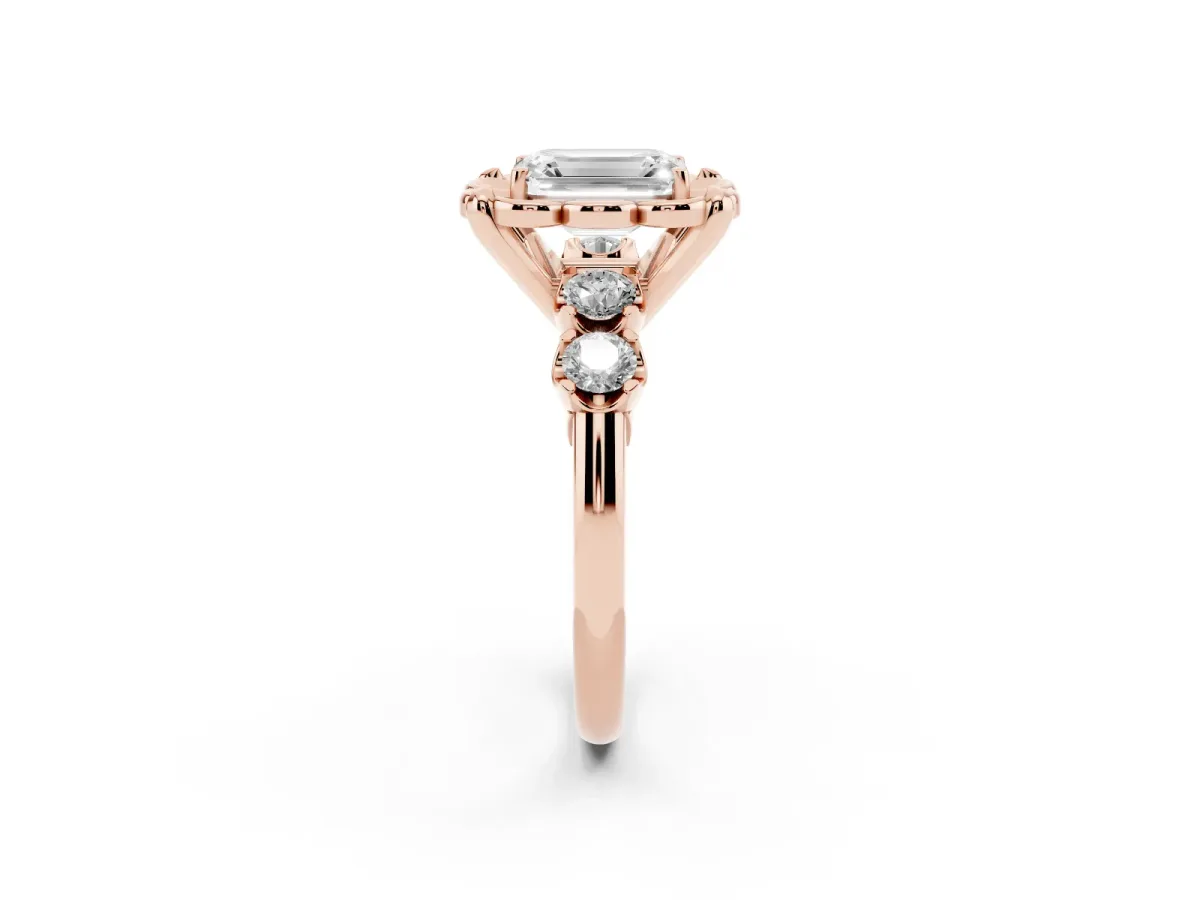 Emerald Cut Cut Diamond Floral Halo Engagement Ring with Shared Prong Setting Rose gold