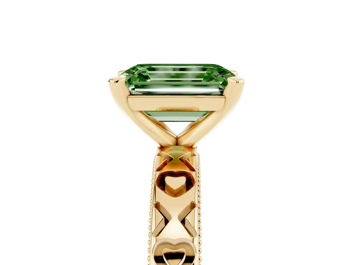 Fancy Green Emerald Cut Solitaire Diamond Engagement Ring with XO Engraved Band and Four-Prong Setting Yellow gold