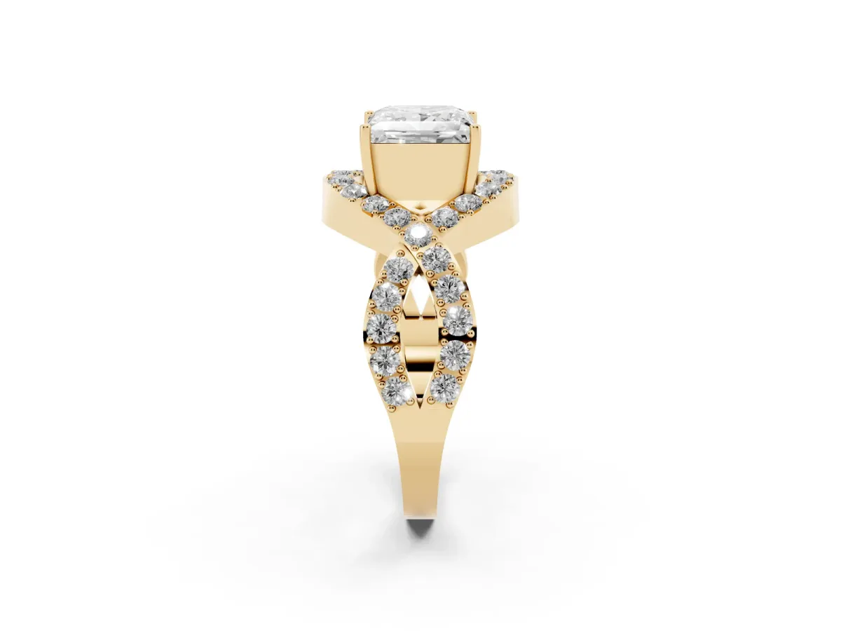 Princess Cut Solitaire Twist Band Pavé Diamond Engagement Ring Yellow gold