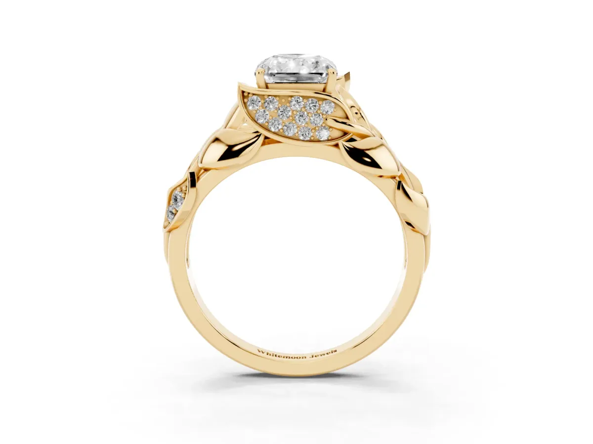 Radiant Cut Diamond Leaf-Inspired Engagement Ring with Round Accents and Prong Setting Yellow gold