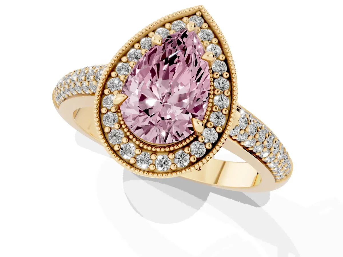 Fancy Pink Pear Cut Cut Halo Diamond Pave Band with Four-Prong Setting Yellow gold