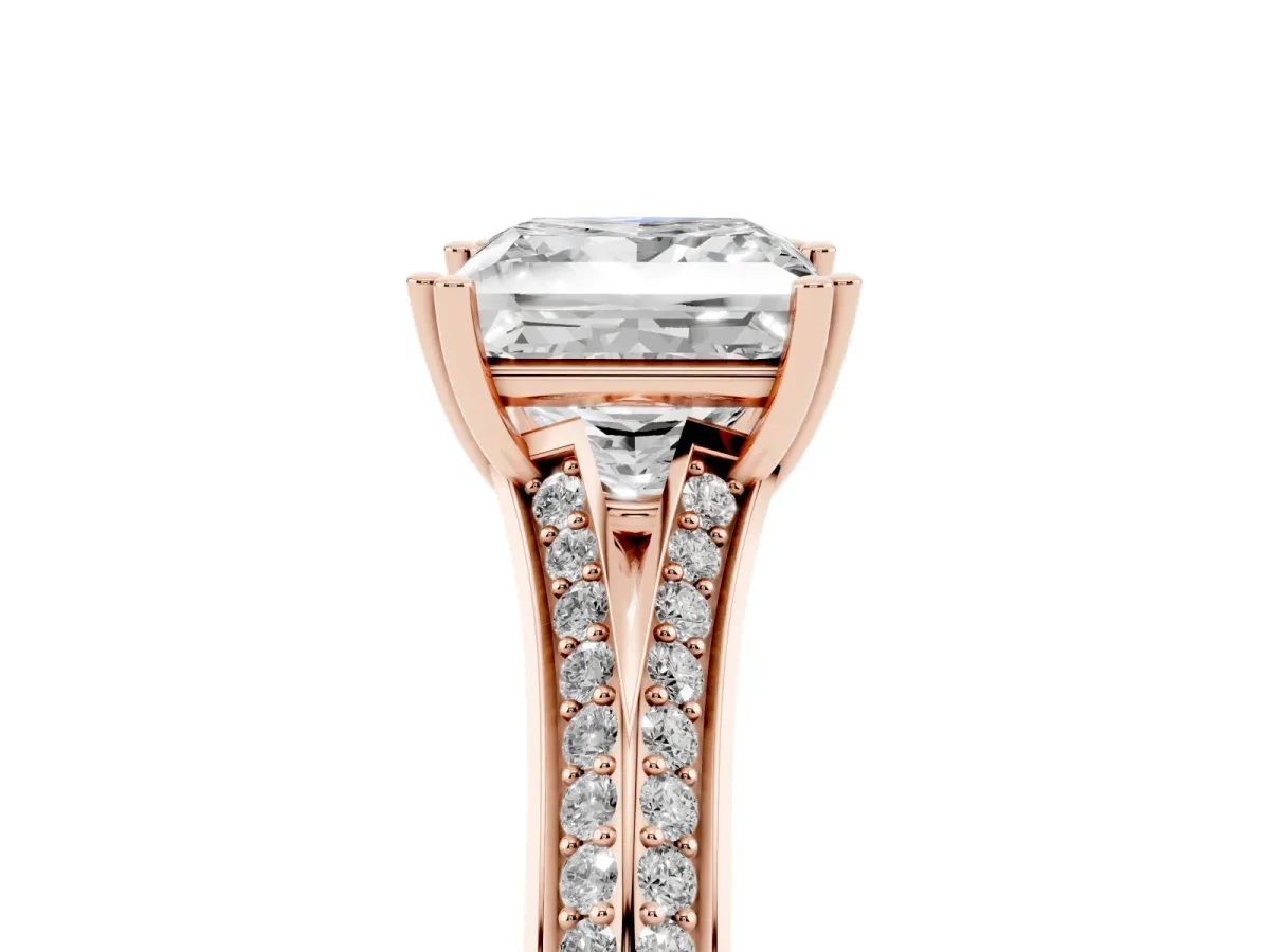 Princess Cut Diamond Split Shank Engagement Ring with Pavé Band Rose gold