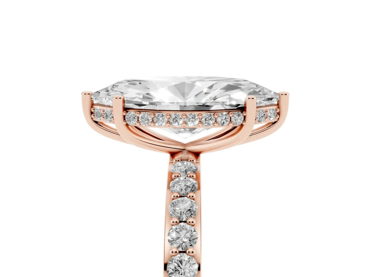 Marquise Cut Diamond Solitaire Ring with Pavé Band and Hidden Halo Rose gold
