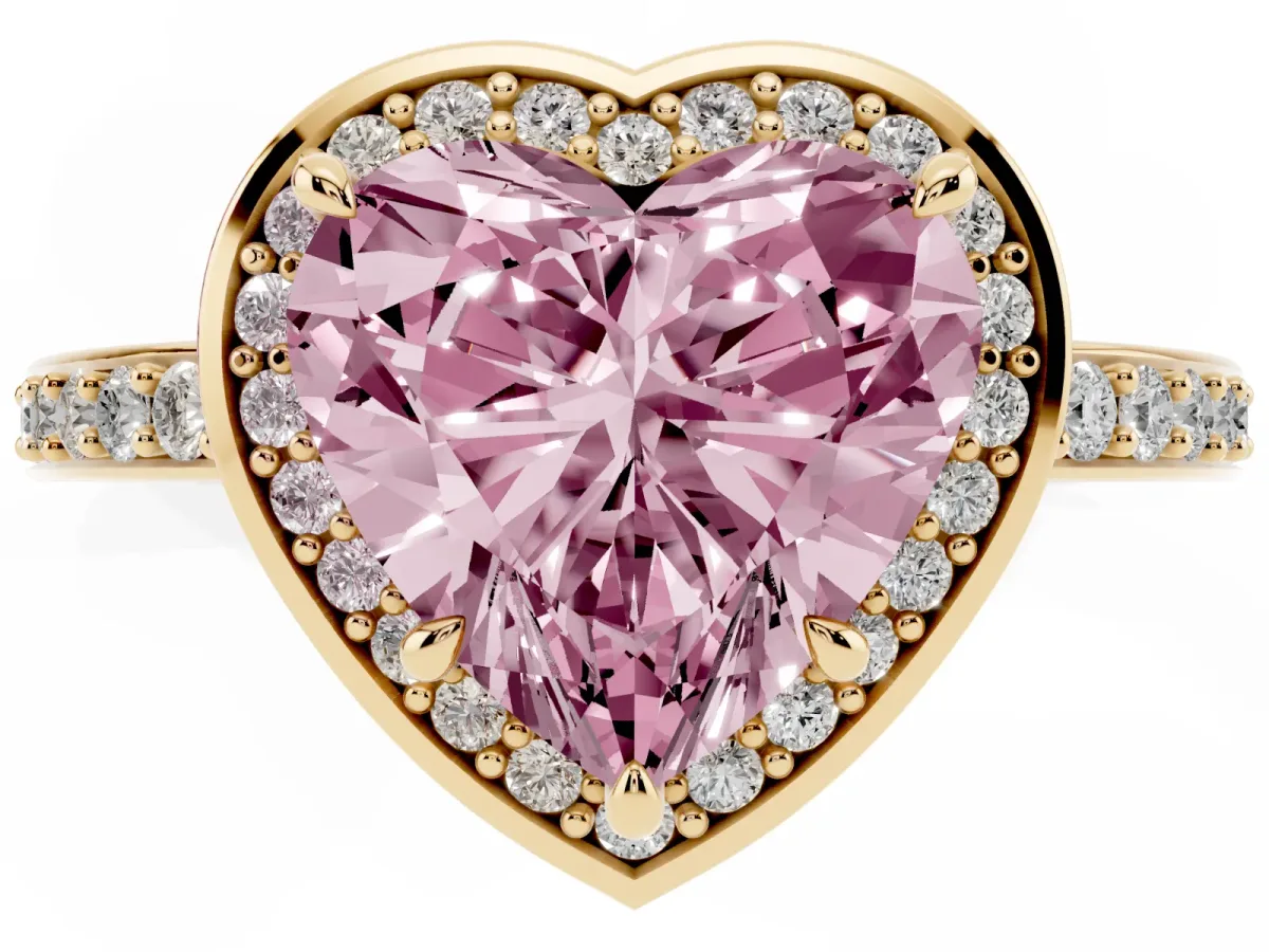 Fancy Pink Heart Cut Halo Pave Band Solitaire Ring with Prong Setting Yellow gold