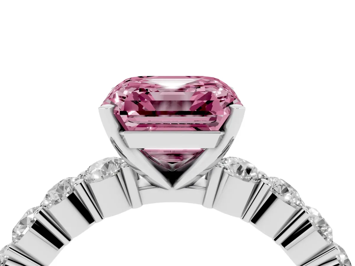 Fancy Pink Asscher Cut Diamond Solitaire Ring with Shared Prong Round Side Stones White gold