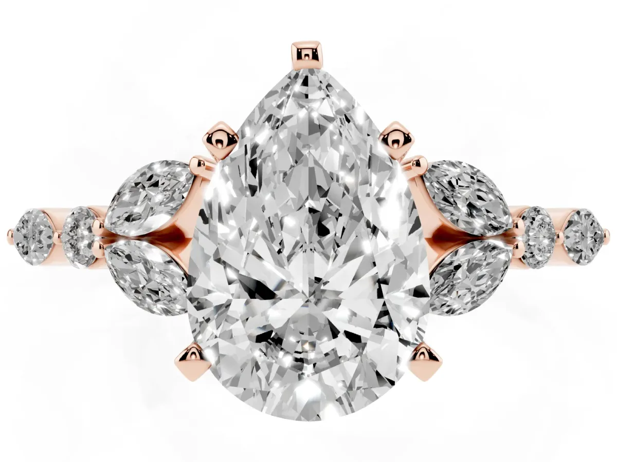 Pear Cut Diamond Solitaire Ring with Side Stones and Four-Prong Setting Rose gold