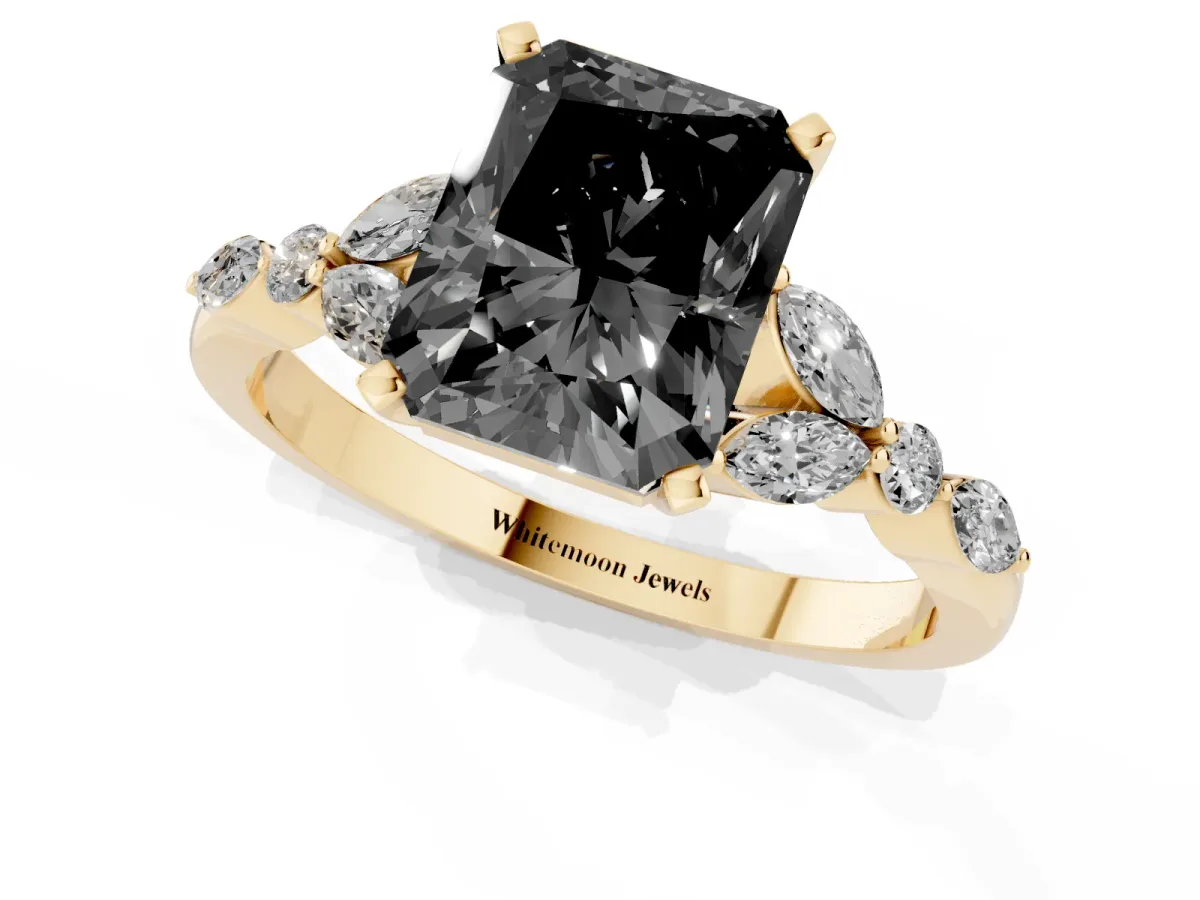 Fancy Black Radiant Cut Diamond Solitaire Ring with Side Stones and Four-Prong Setting Yellow gold