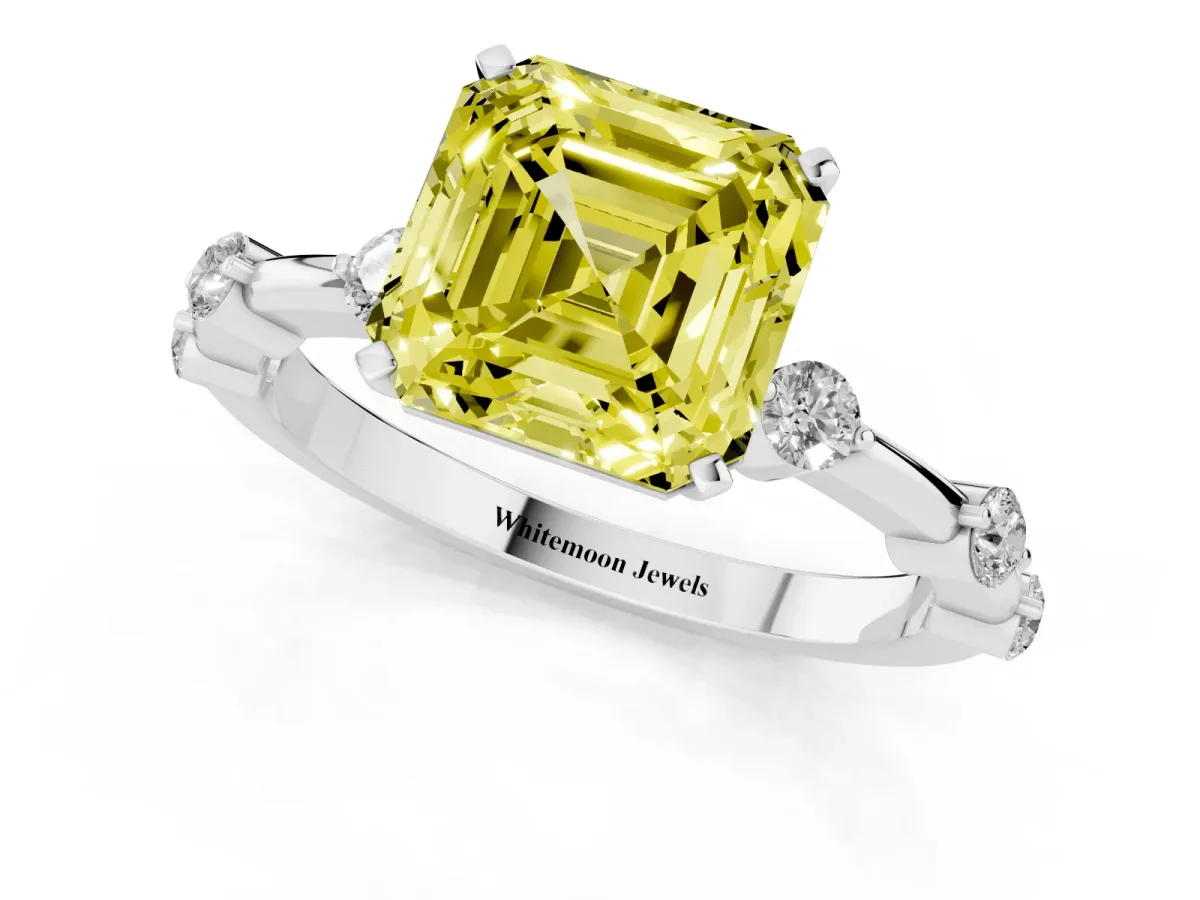 Fancy Yellow Asscher Cut Solitaire Diamond Ring with Bezel Set Side Stones and Prong Setting Silver