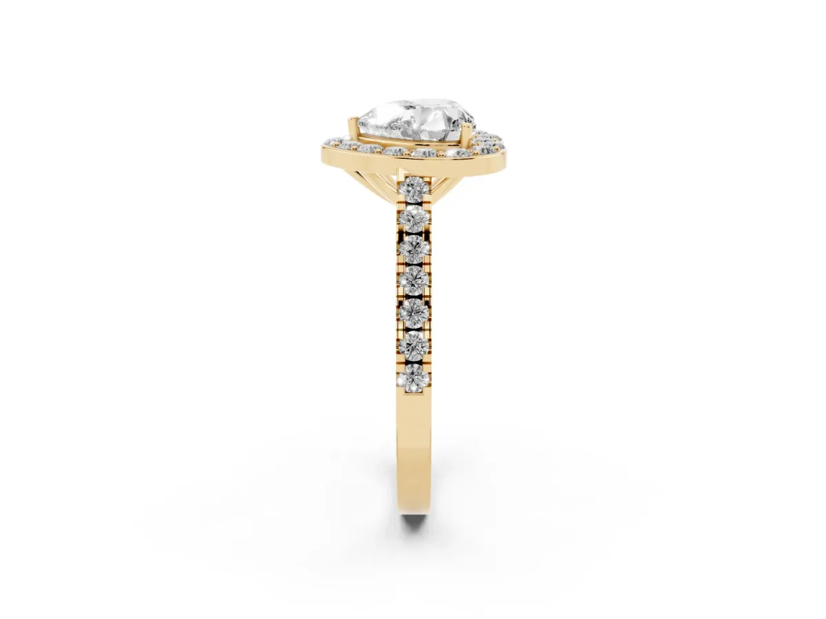 Heart Cut Diamond Halo Ring with Round Pavé Split Shank and Prong Setting Yellow gold