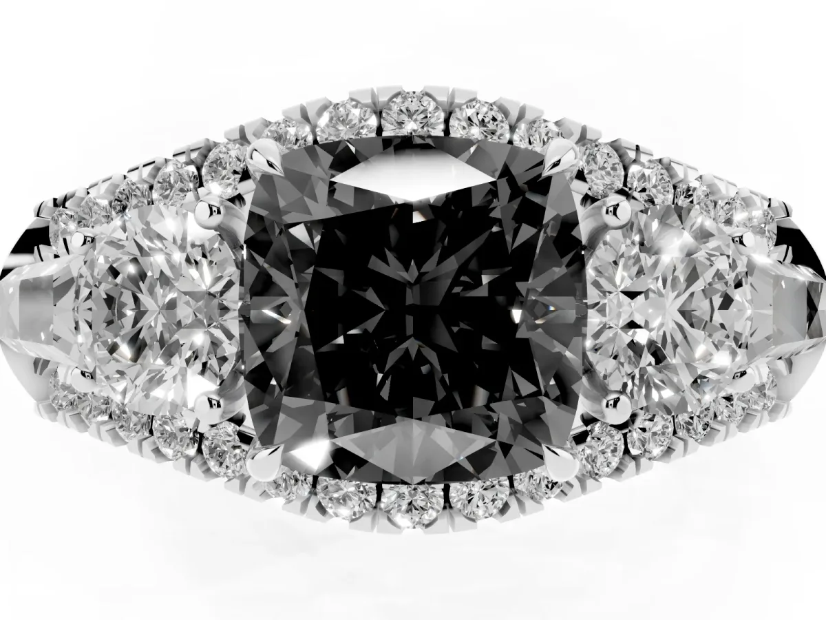 Fancy Black Three-Stone Cushion Cut Diamond Engagement Ring with Pave Band and Prong Setting Silver
