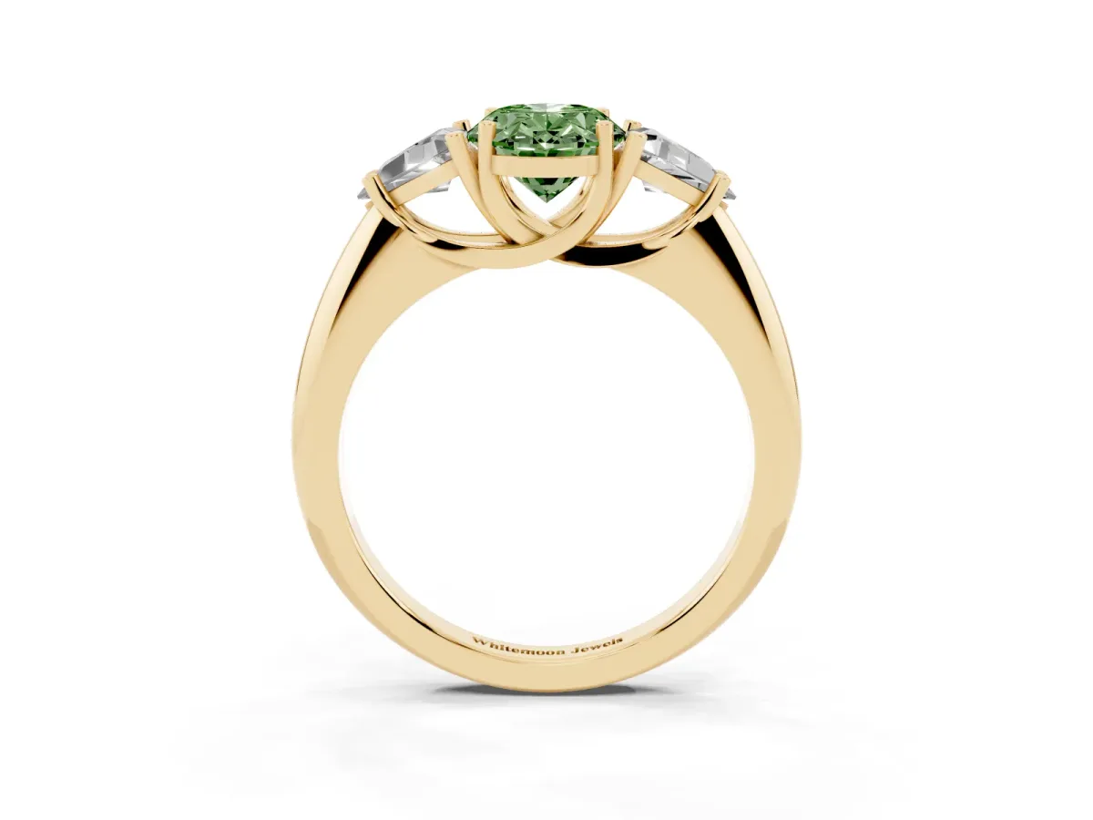 Fancy Green Three-Stone Oval Cut Diamond Engagement Ring with Trillion Side Stones and Prong Setting Yellow gold