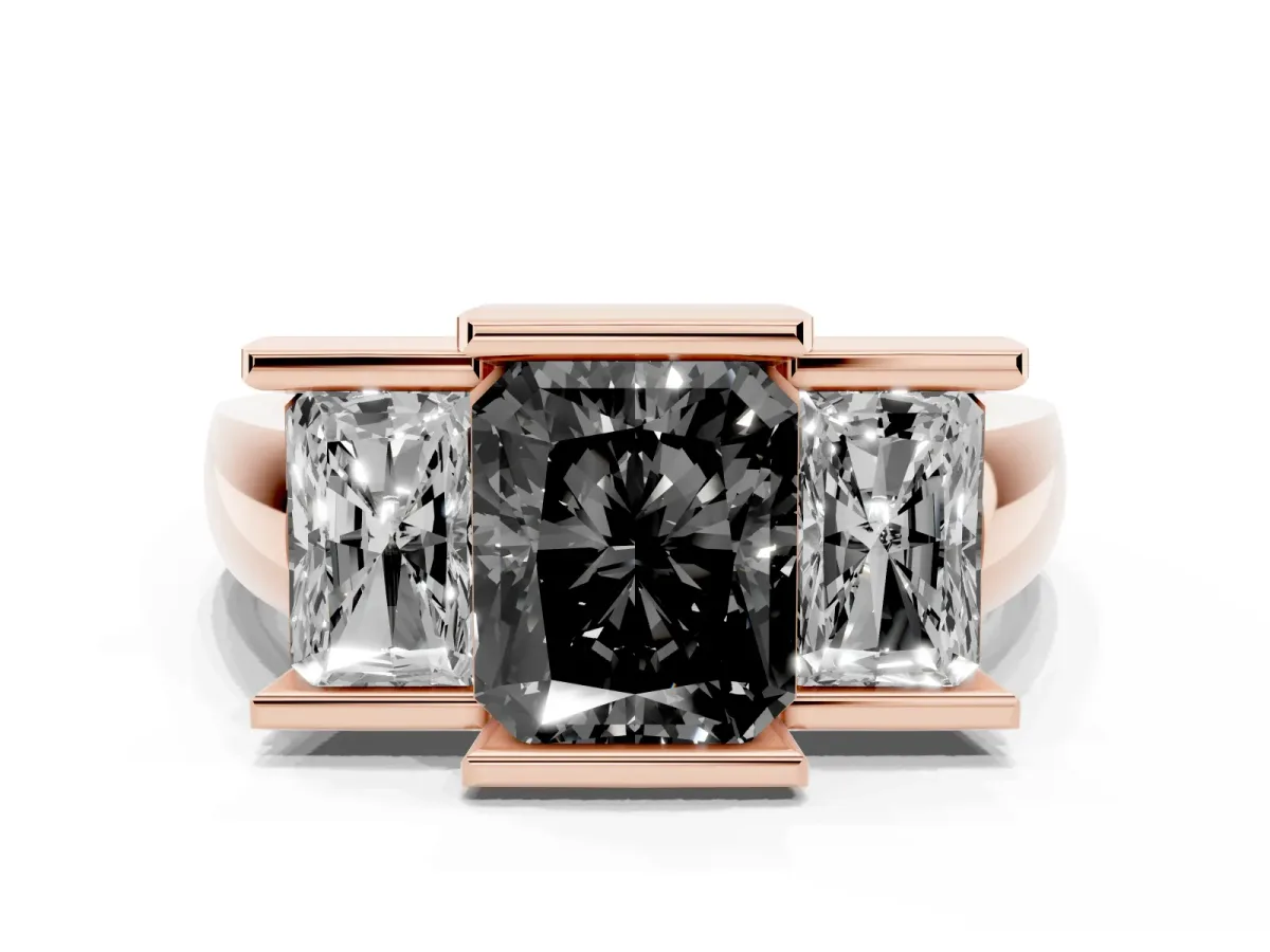 Fancy Black Three Stone Radiant Cut Cut Channel Set Diamond Ring Rose gold