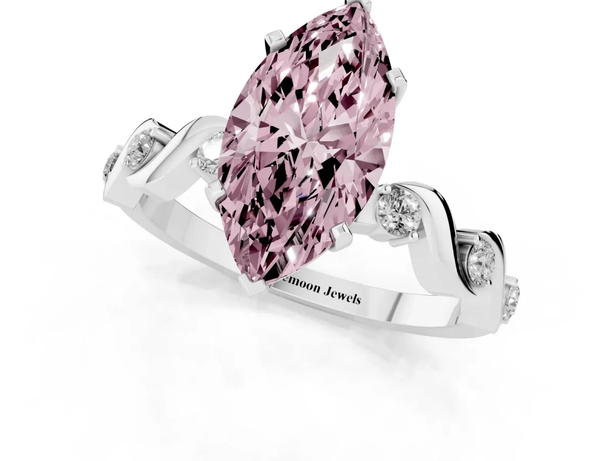 Fancy Pink Marquise Cut Diamond Solitaire Twisted Band with Round Accents and Prong Setting Silver