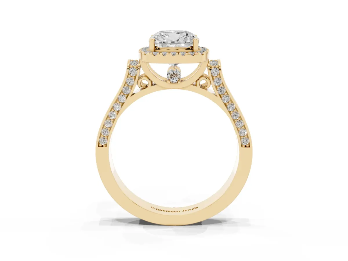 Cushion Cut Halo Pave Split Shank Prong Setting Ring Yellow gold