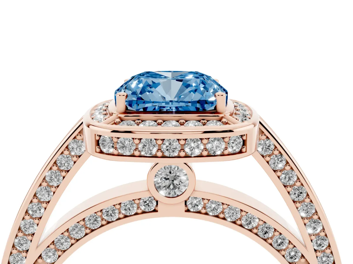 Fancy Blue Cushion Cut Cut Halo Pave Split Shank Prong Setting Ring Rose gold