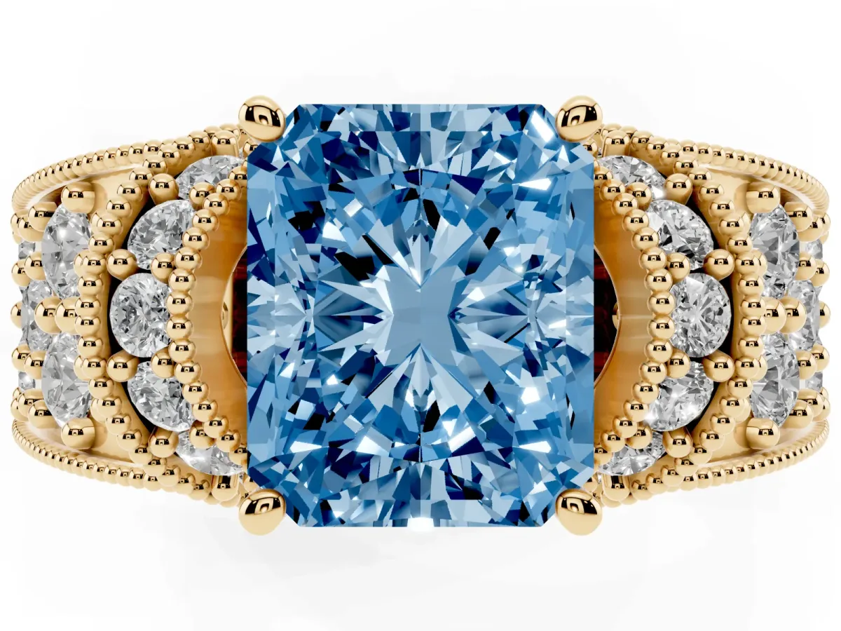 Fancy Blue Radiant Cut Halo Pave Diamond Engagement Ring with Milgrain Detailing Yellow gold