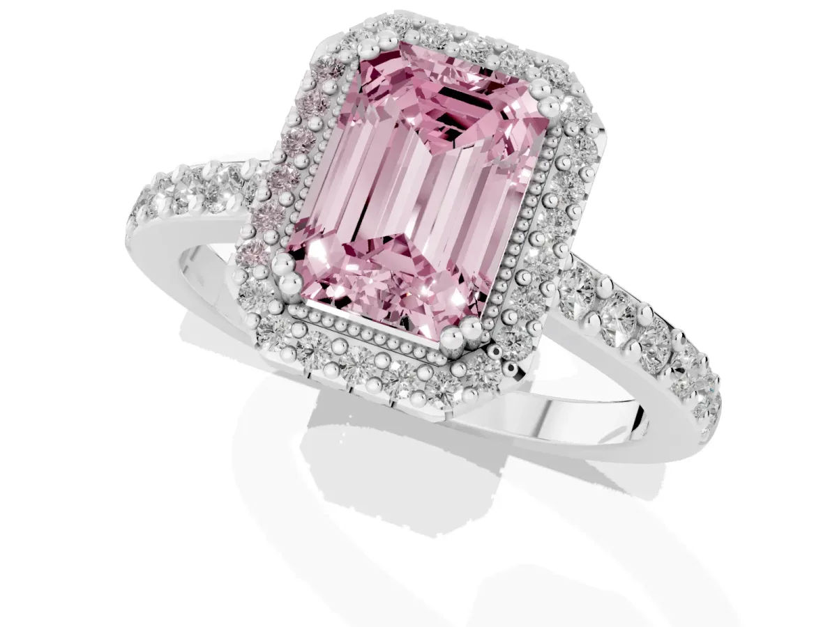 Fancy Pink Emerald Cut Cut Diamond Halo Engagement Ring with Milgrain Detail and Pavé Band White gold