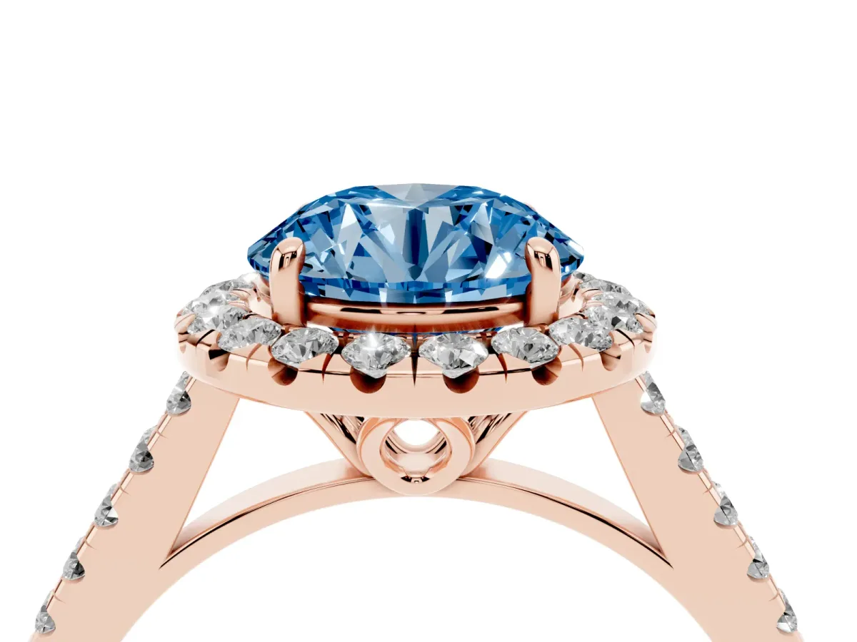 Fancy Blue Round Cut Halo Pavé Diamond Engagement Ring with Four-Prong Setting Rose gold