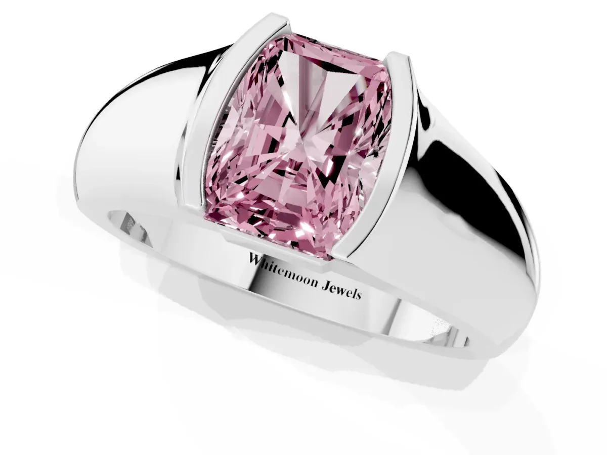 Fancy Pink Radiant Cut Solitaire Bezel Set Diamond Ring with Wide Band Silver