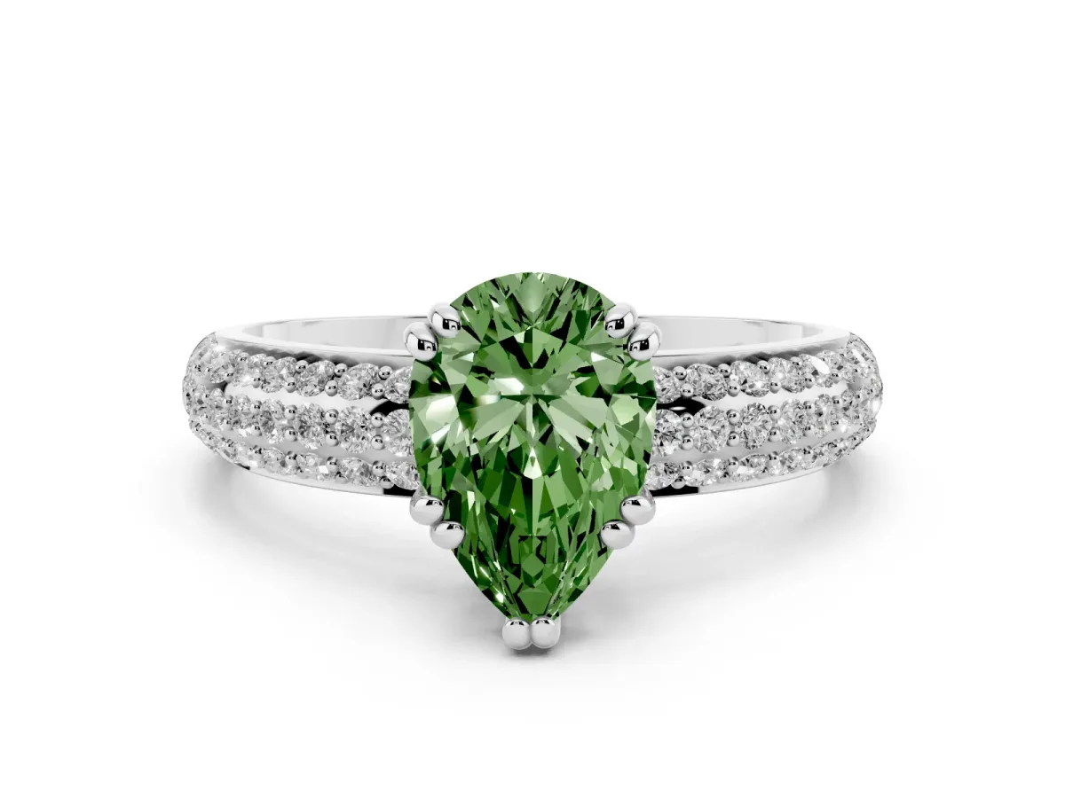 Fancy Green Pear Cut Diamond Solitaire Ring with Multi-Row Round Pavé Band and Prong Setting Silver