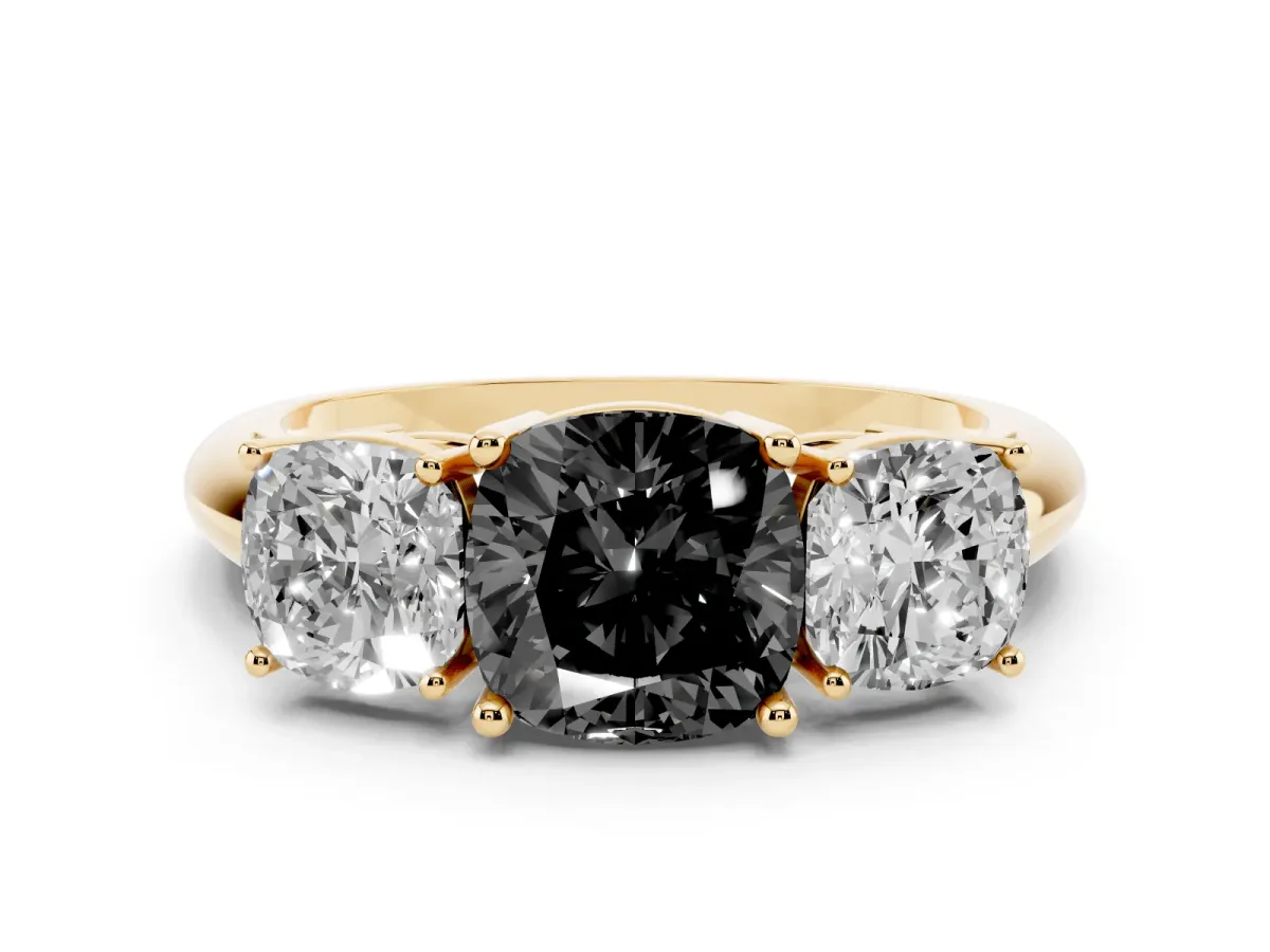 Fancy Black Three-Stone Cushion Cut Cut Diamond Engagement Ring with Prong Setting on a White Gold Band Yellow gold