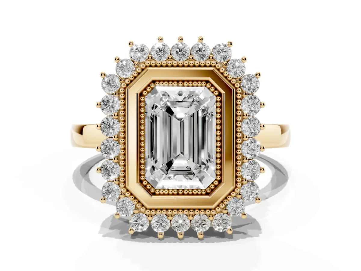 Emerald Cut Halo Diamond Ring with Milgrain Edge and Round Prong Setting Yellow gold