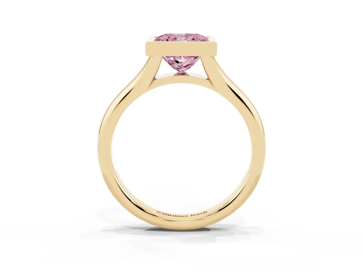 Fancy Pink Bezel Set Princess Cut Solitaire Diamond Ring with Smooth Band Yellow gold