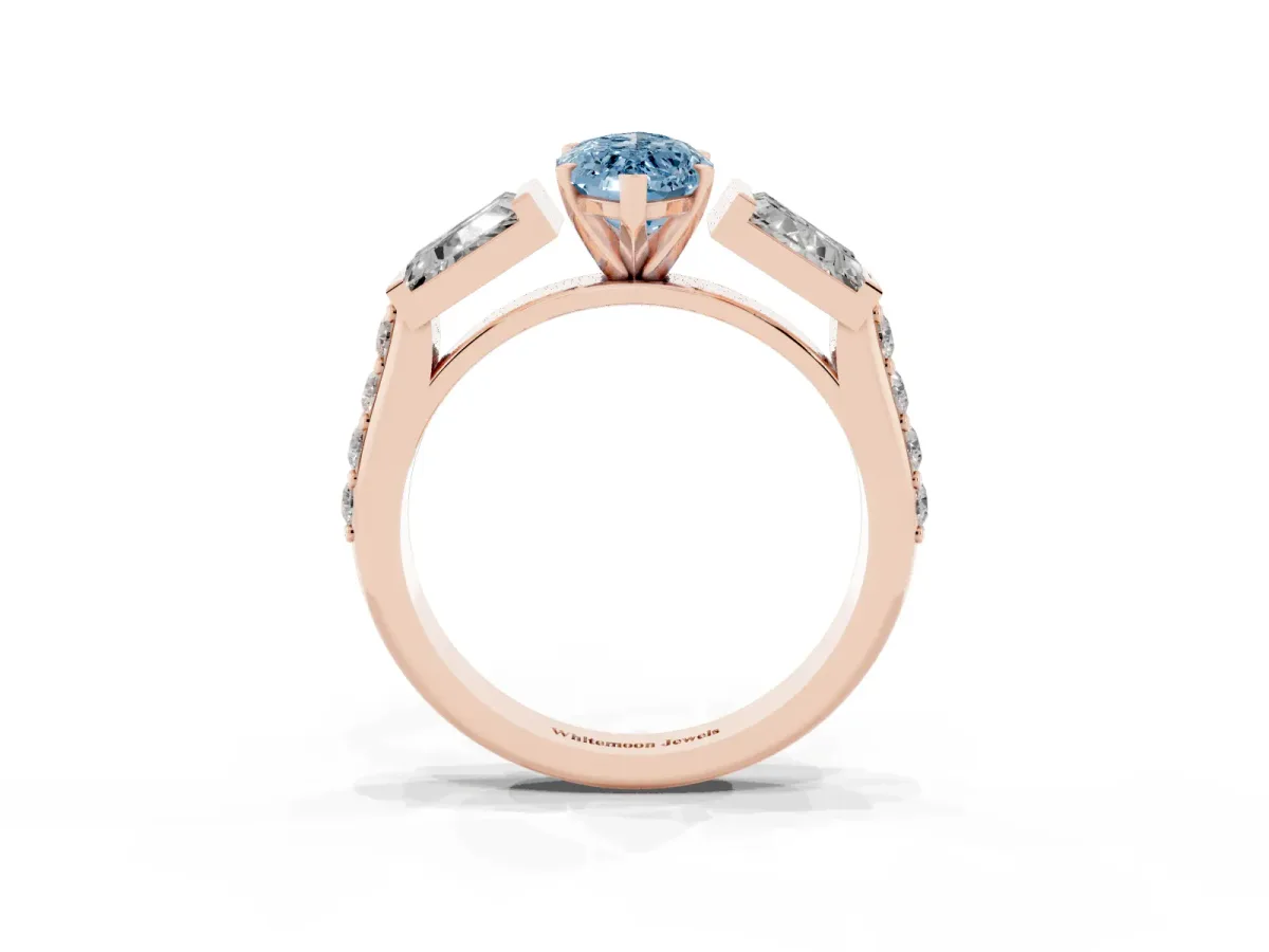 Fancy Blue Marquise Cut Diamond Engagement Ring with Baguette Side Stones and Channel Set Band Rose gold
