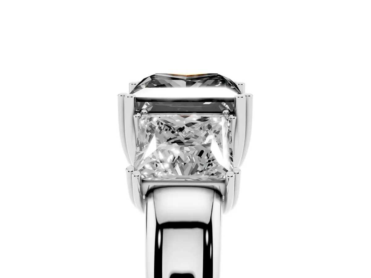 Fancy Black Three-Stone Princess Cut Cut Diamond Ring with Channel Set Band and Four-Prong Setting Platinum