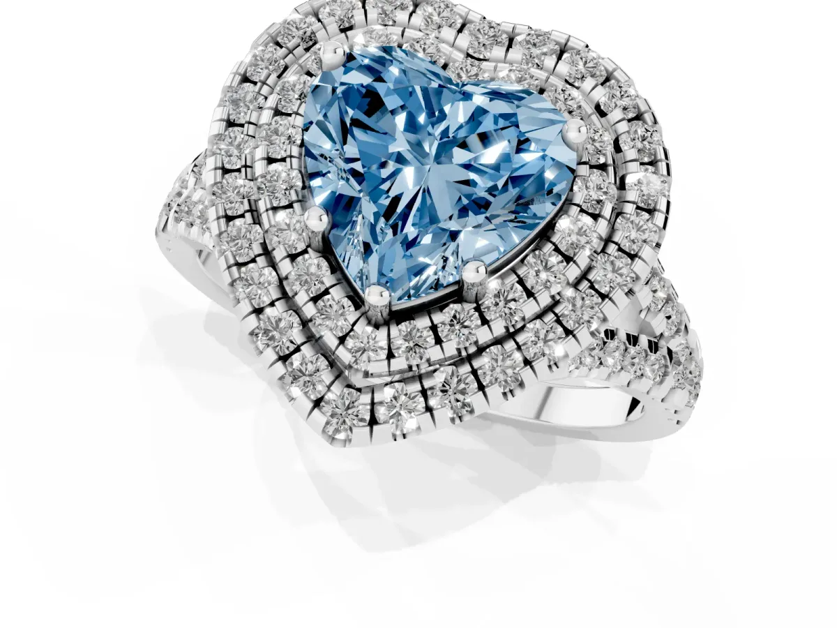 Fancy Blue Double Halo Heart Cut Diamond Pavé Split Shank Ring with Prong Setting Platinum