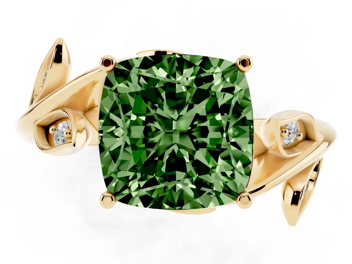 Fancy Green Cushion Cut Solitaire Twist Engagement Ring with Leaf Accents and Prong Setting Yellow gold