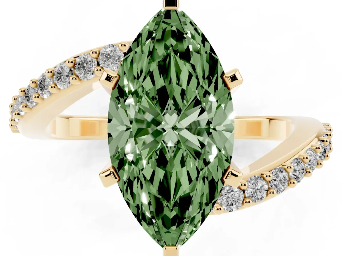 Fancy Green Marquise Cut Solitaire Twist Band with Pave Set Diamonds and Four-Prong Setting Yellow gold