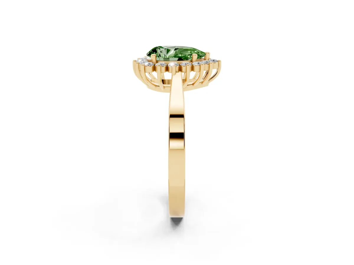 Fancy Green Pear Cut Cut Diamond Halo Ring with Round Brilliant Halo and Solitaire Band Yellow gold