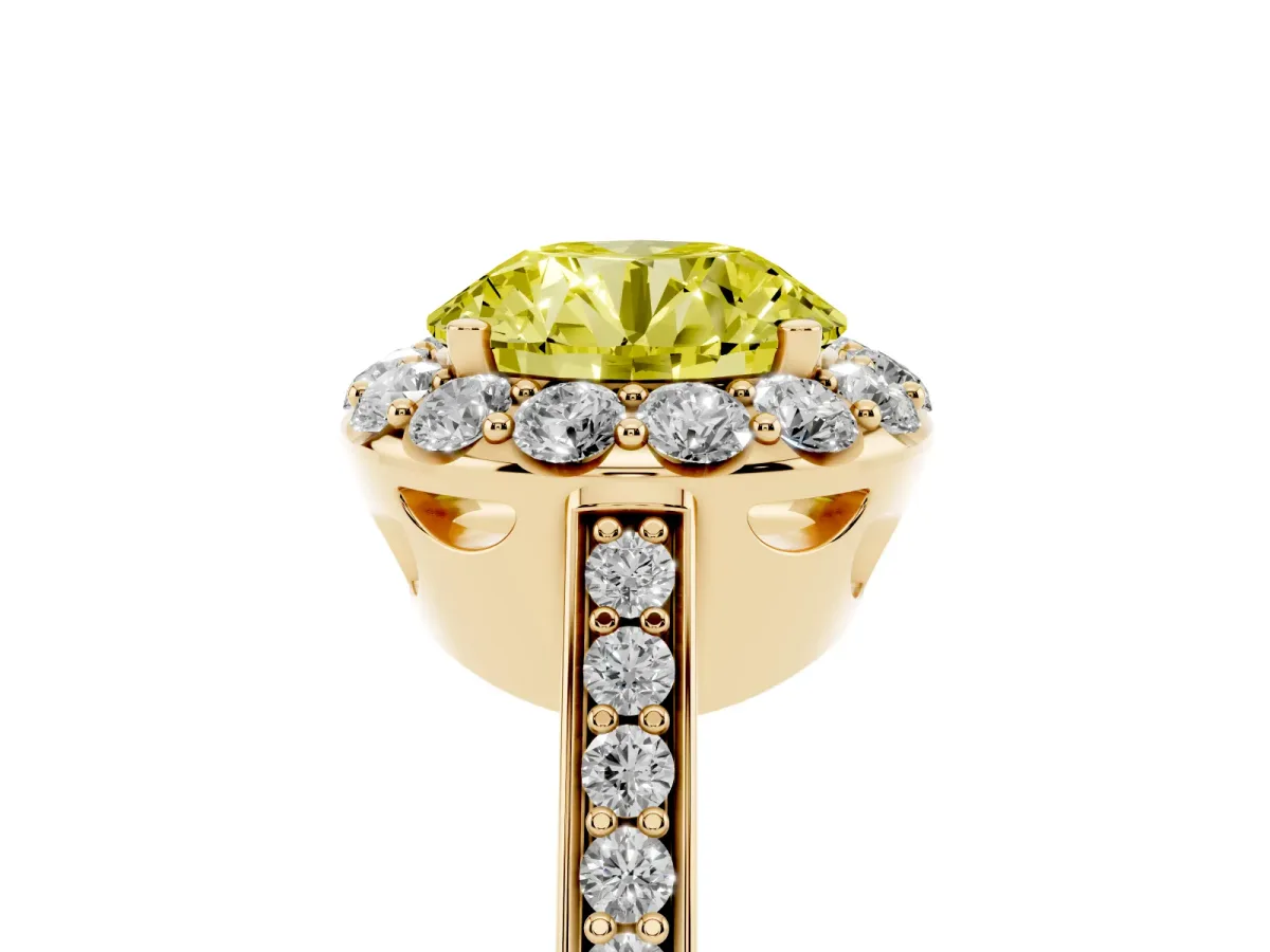 Fancy Yellow Round Cut Diamond Floral Halo Ring with Pavé Band and Prong Setting Yellow gold