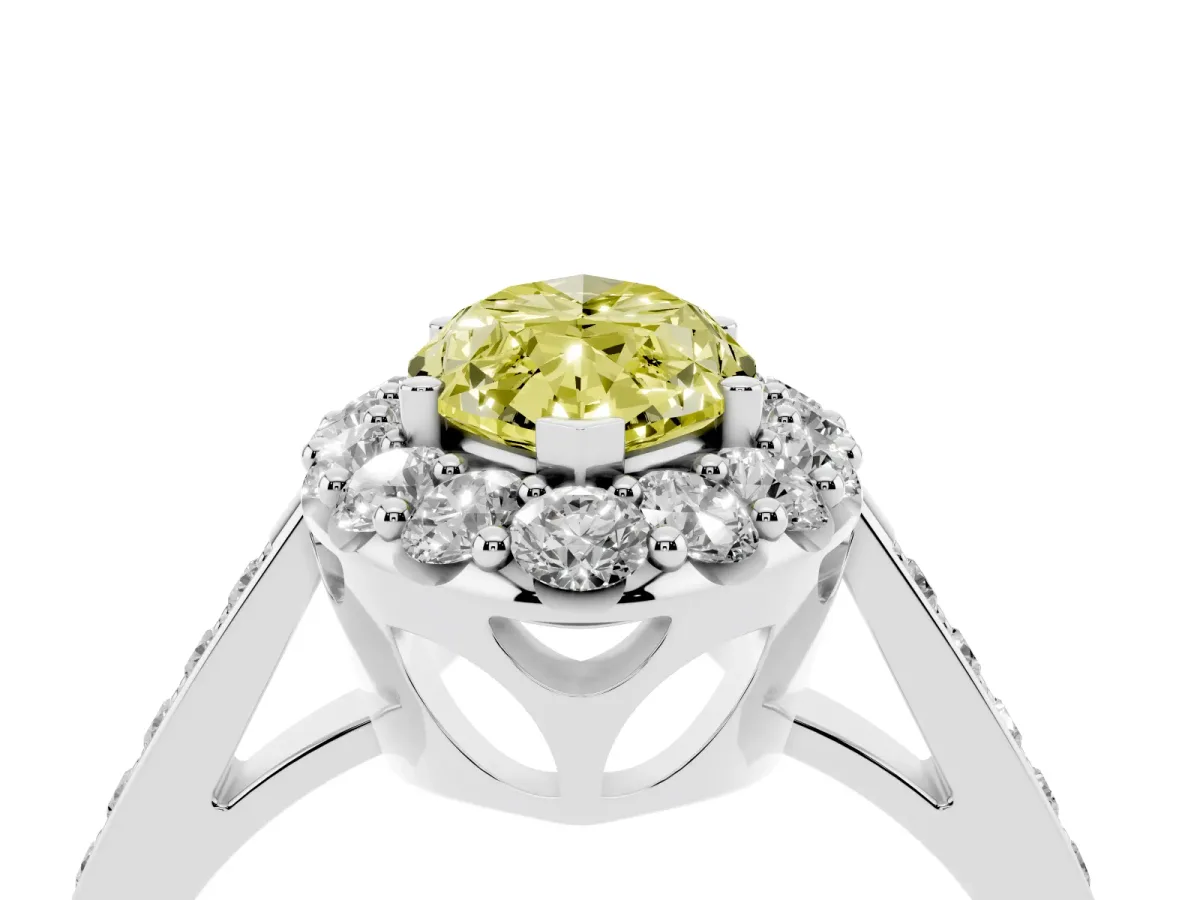 Fancy Yellow Marquise Cut Diamond Floral Halo Ring with Pavé Band and Prong Setting Platinum