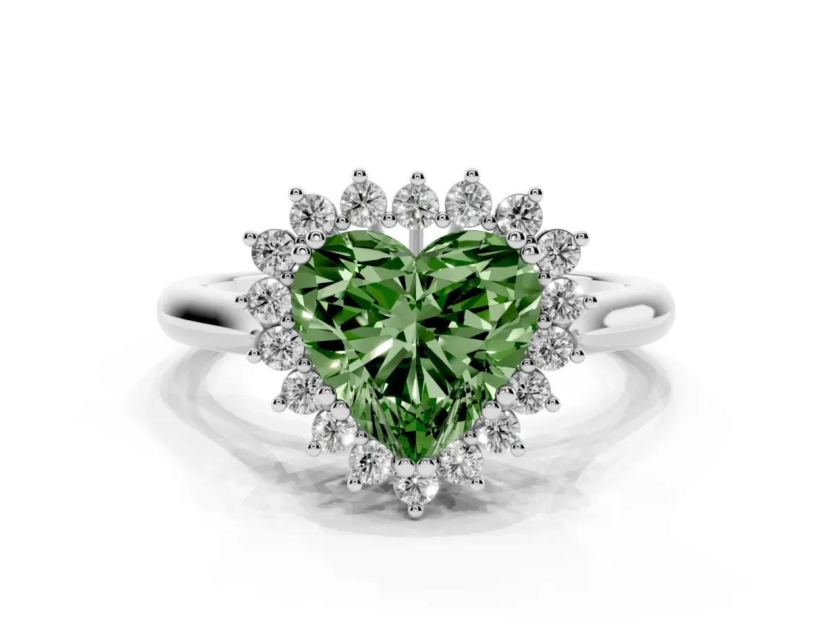 Fancy Green Heart Cut Cut Diamond Halo Ring with Solitaire Band and Prong Setting Platinum