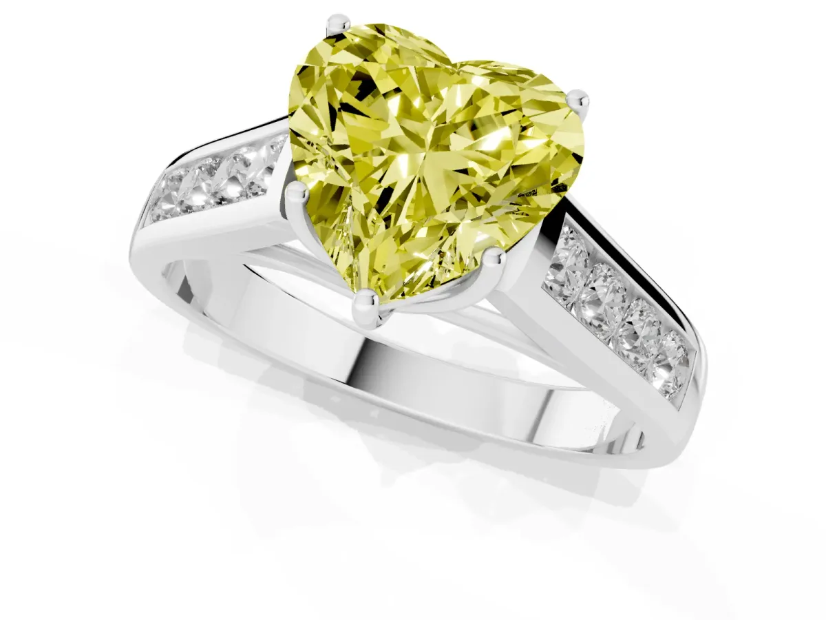 Fancy Yellow Heart Cut Solitaire Channel-Set Diamond Engagement Ring with Four-Prong Setting Silver