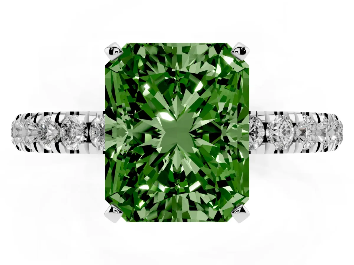 Fancy Green Radiant Cut Diamond Solitaire Ring with Pavé Accents and Four-Prong Setting Silver