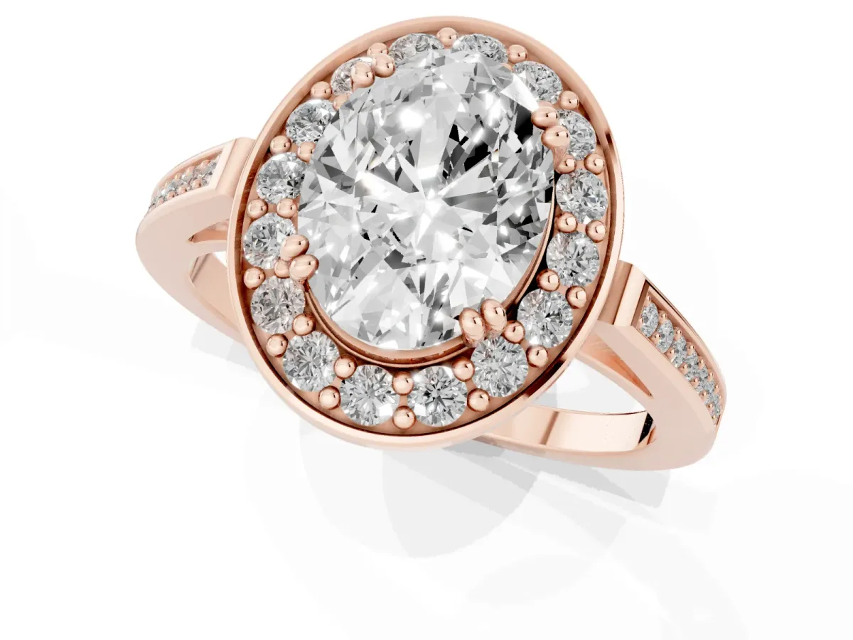 Oval Cut Diamond Halo Ring with Split Shank and Four-Prong Setting Rose gold