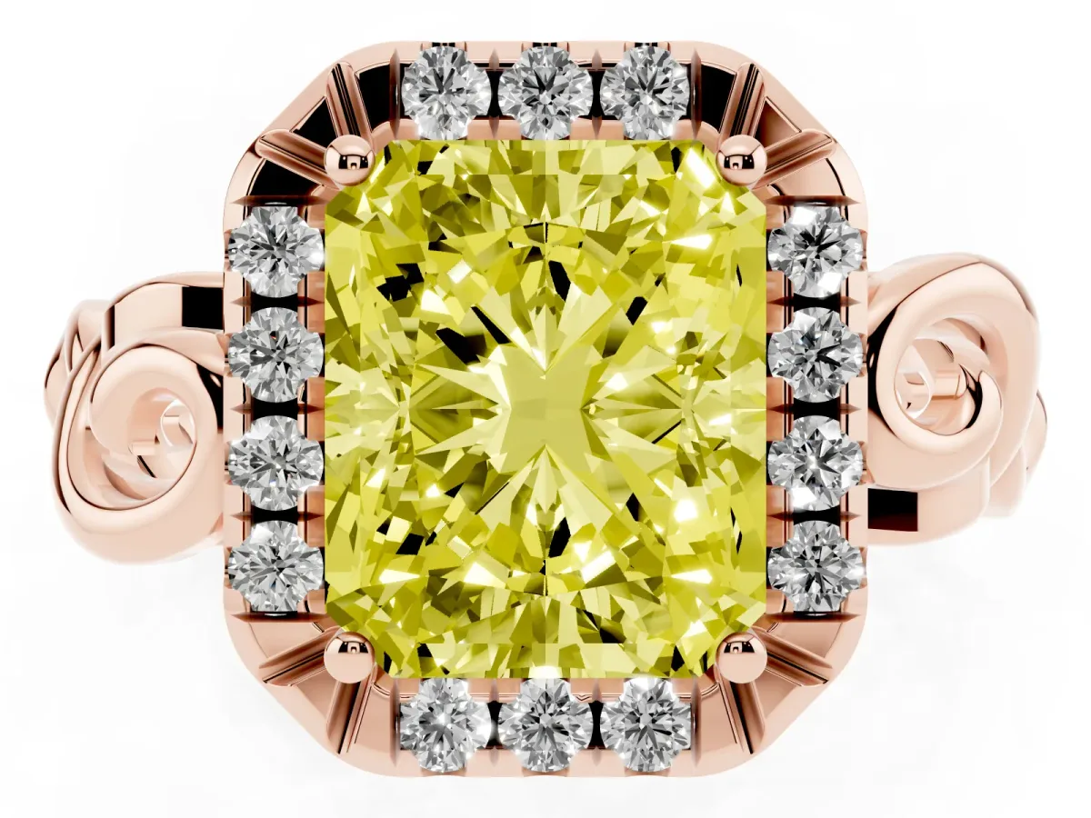 Fancy Yellow Radiant Cut Cut Halo Diamond Ring with Scrollwork Band and Four-Prong Setting Rose gold