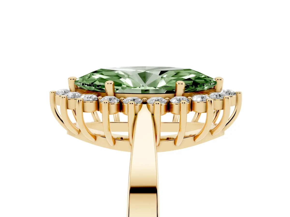 Fancy Green Marquise Cut Cut Diamond Halo Ring with Round Brilliant Halo and Solitaire Band Yellow gold
