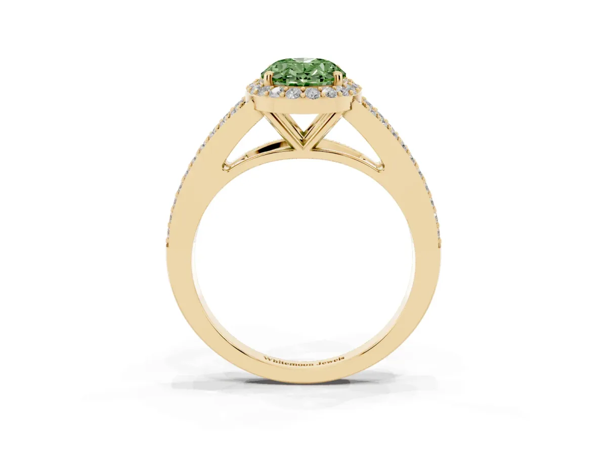 Fancy Green Oval Cut Halo Split Shank Diamond Ring with Prong Setting Yellow gold