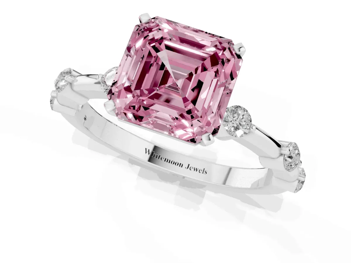 Fancy Pink Asscher Cut Solitaire Diamond Ring with Bezel Set Side Stones and Prong Setting Silver