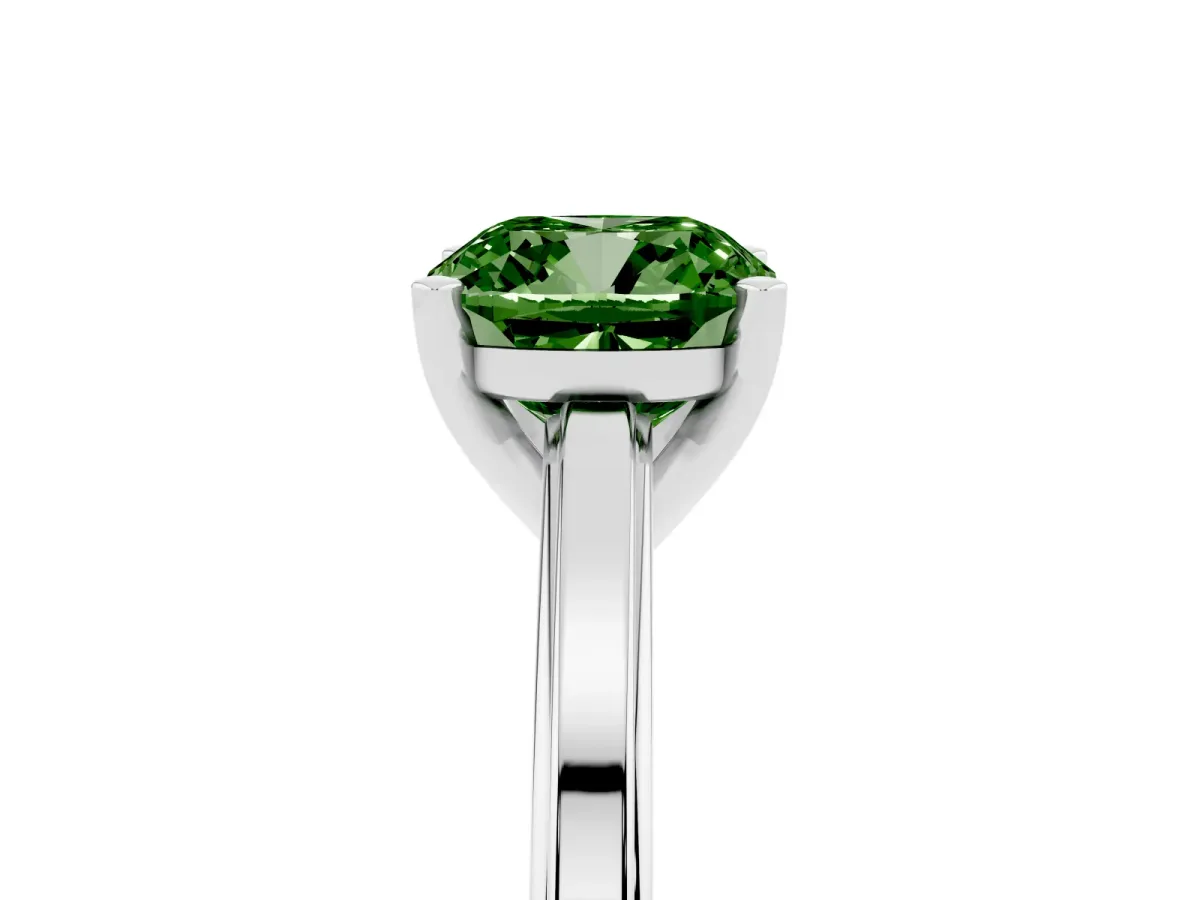 Fancy Green Cushion Cut Solitaire Diamond Ring with Four-Prong Setting and Classic Band Silver