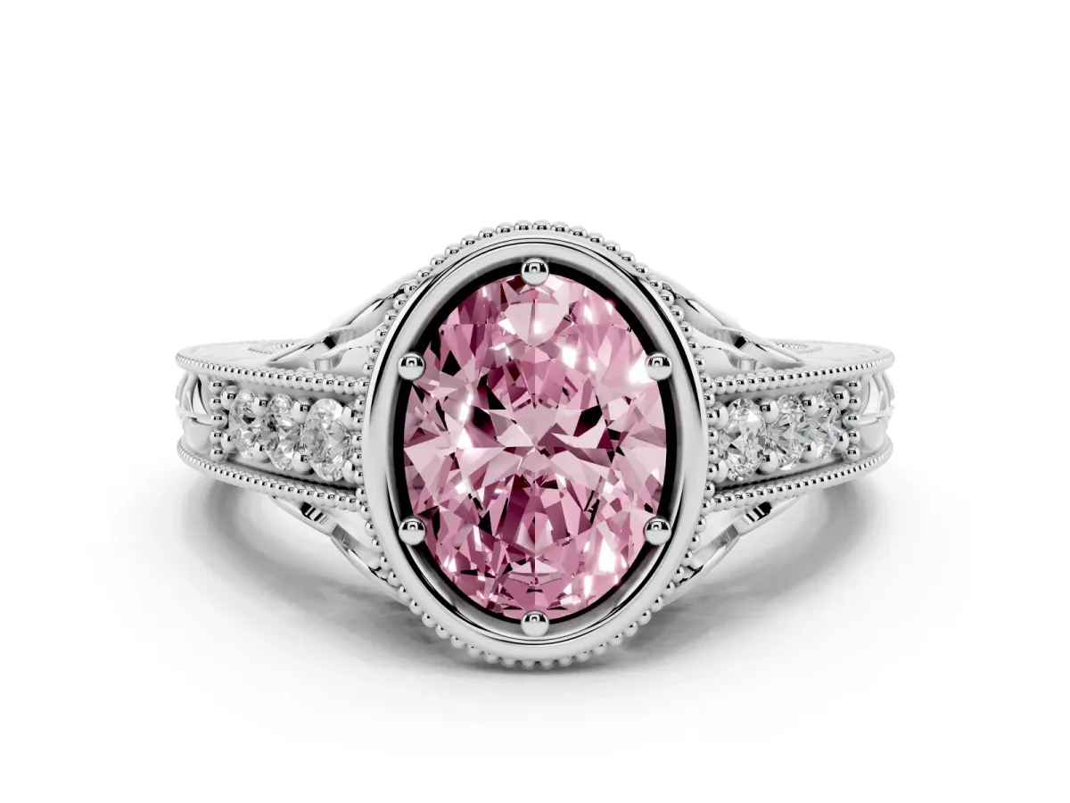 Fancy Pink Bezel Set Oval Cut Diamond Milgrain Pave Engagement Ring Silver
